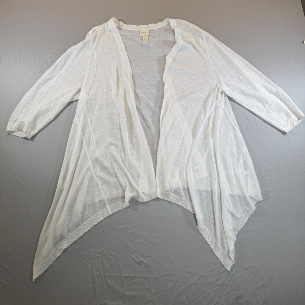 Chicos White Ramie Rayon Open Front Sharkbite Hem Cardigan Sweater Size 3 XL